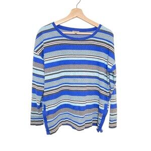 T by TALBOTS Women's Petite L Sweater Long Sleeve Striped Pullover Boxy Blue